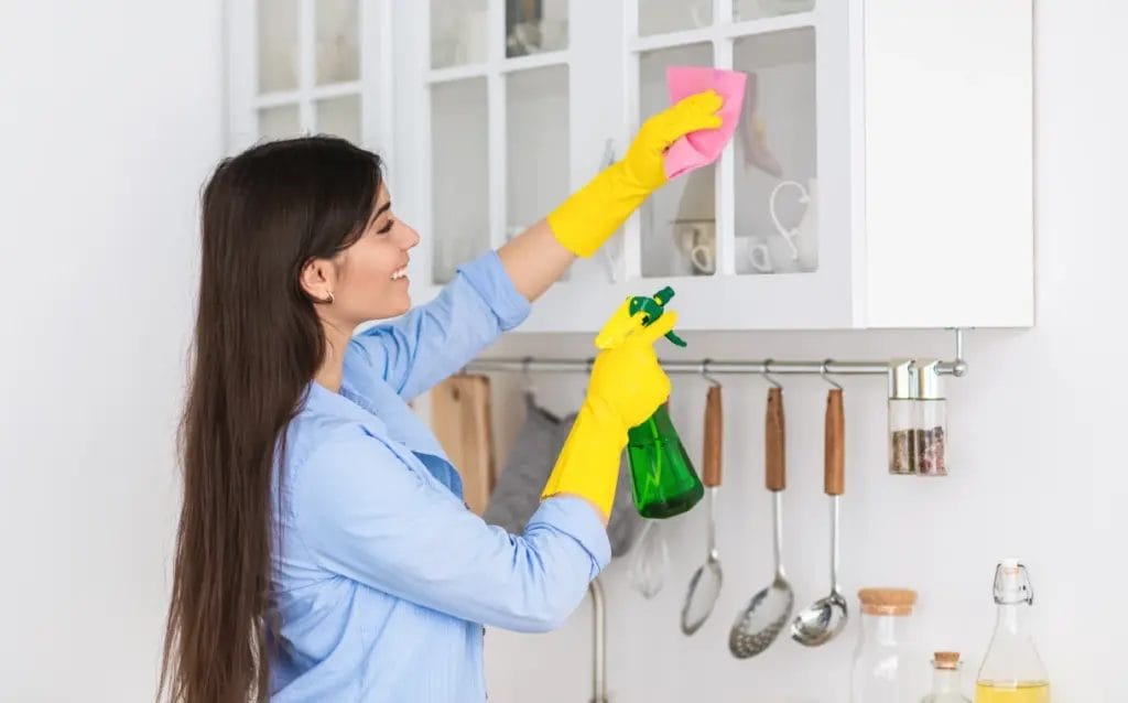 closeup of a young female house cleaner holding a spray bottle and wiping a glass kitchen cabinet while wearing gloves