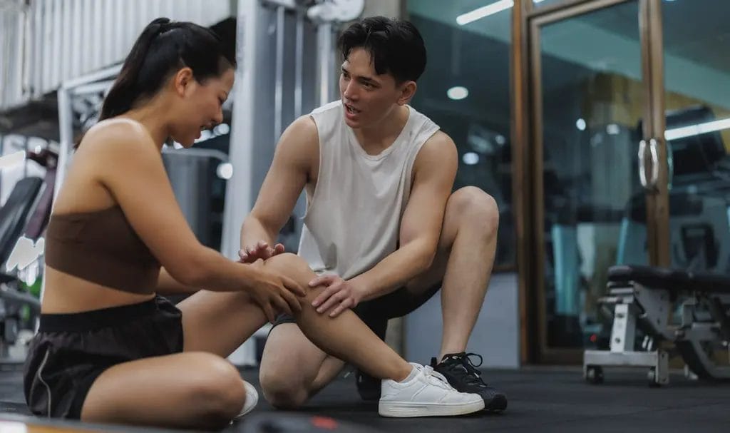 A personal trainer aids a client who was injured while working out in a session.