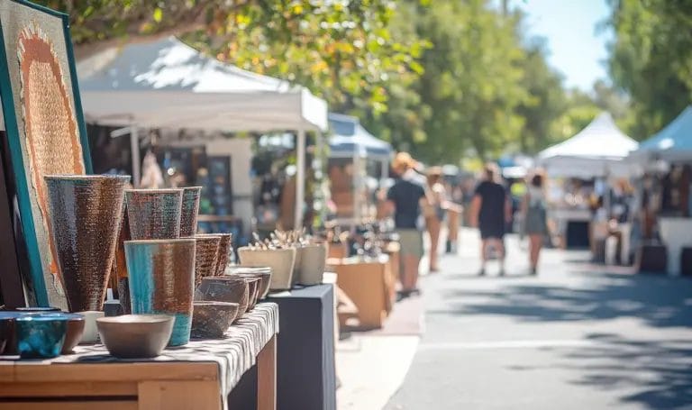 A look at homemade pottery on display in a booth at an outdoor market.