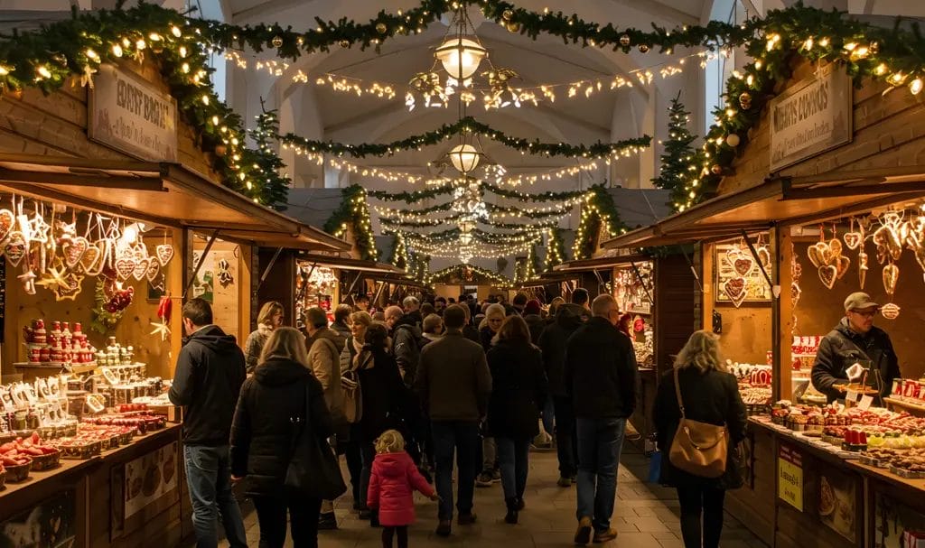 An indoor holiday festival with vendors filling wooden booth stalls decorated with garland and string lights.
