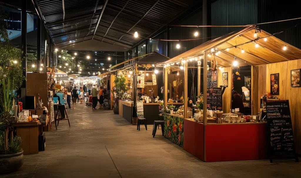 An indoor night market full of vendor booths lit up by various string lights.