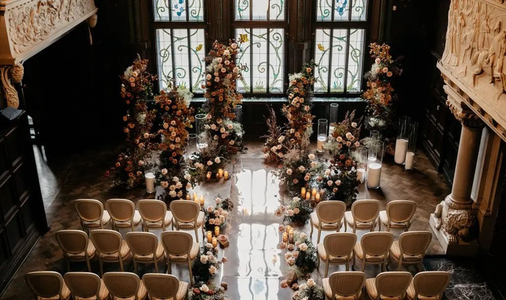 An overhead look at a moody indoor wedding ceremony setup in a historic building.