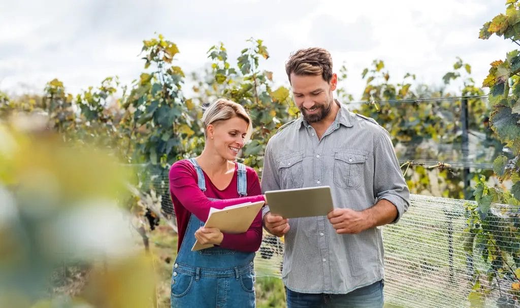 Two business owners review contracts while walking through outdoor orchards.
