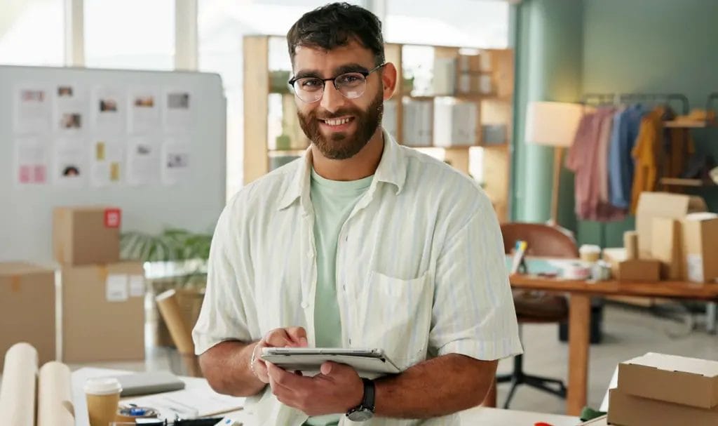 A small business owner sits against a table's edge in his workspace full of products and shipping materials. He smiles as he looks up from working on a tablet.