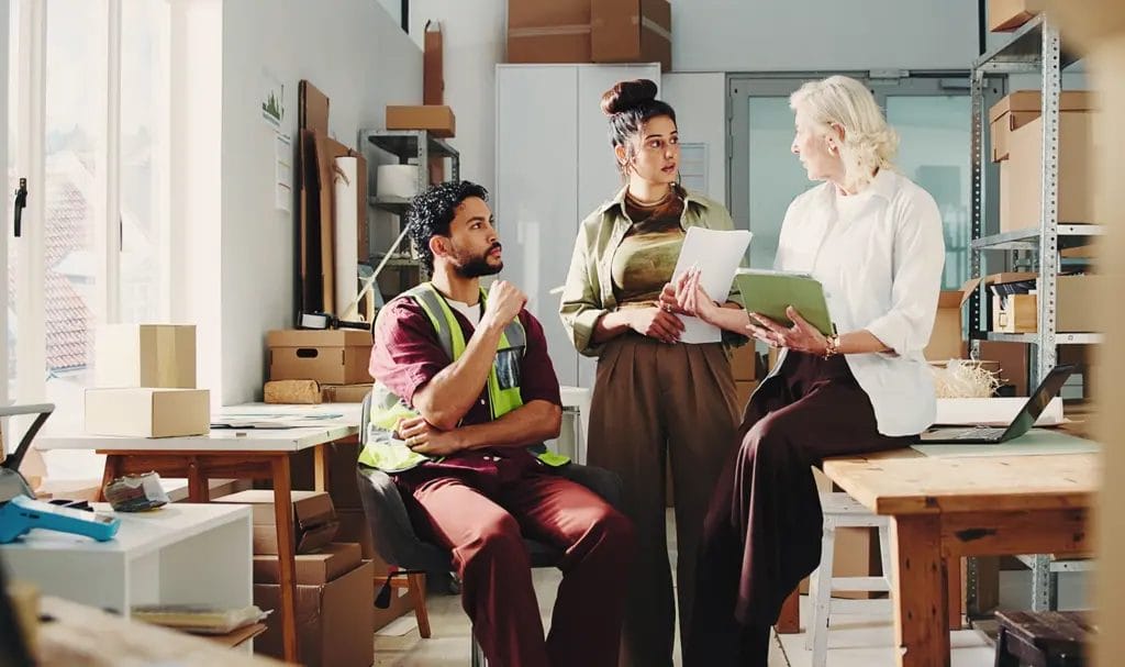 A small business owner discusses business plans with two employees in a room full of work tables and boxes of equipment and supplies.