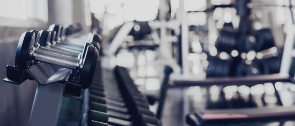 Close-up of dumbbell rack at a gym.