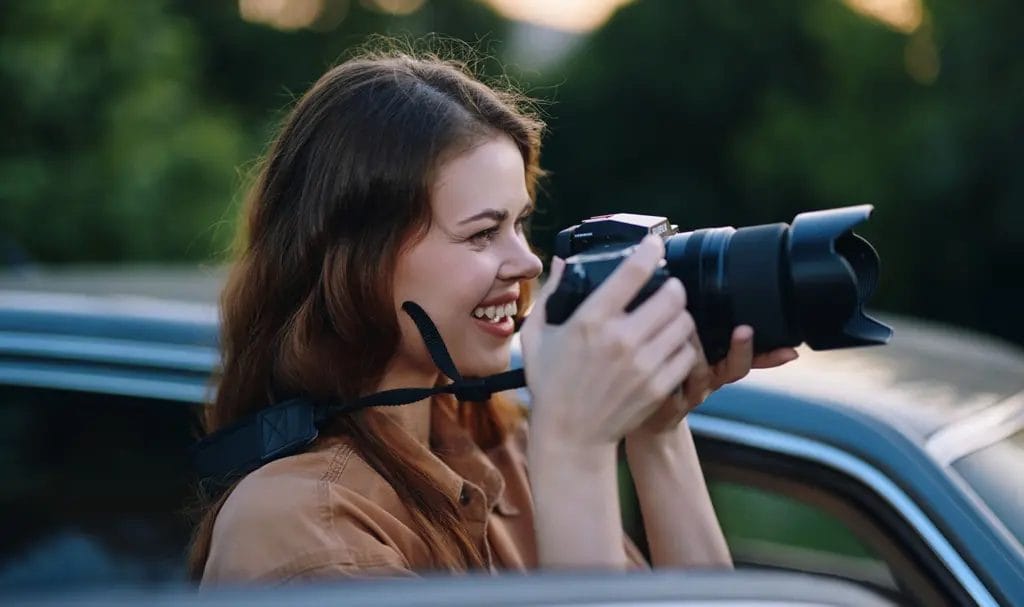 A photographer stands in the doorway of her car and smiles as she prepares to focus her camera and capture a memorable moment.