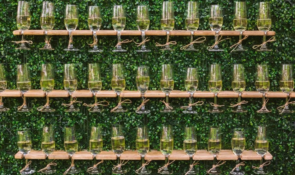 A boxwood greenery wall with floating wood shelves holding glasses of champagne for guests.