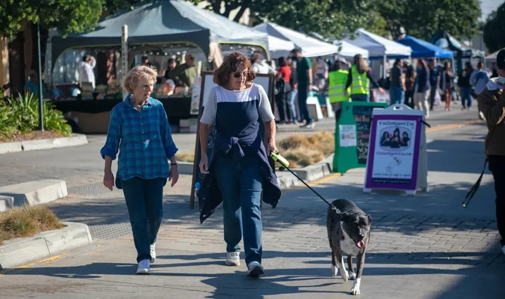A pair of friends walking a dog through an outdoor street market.