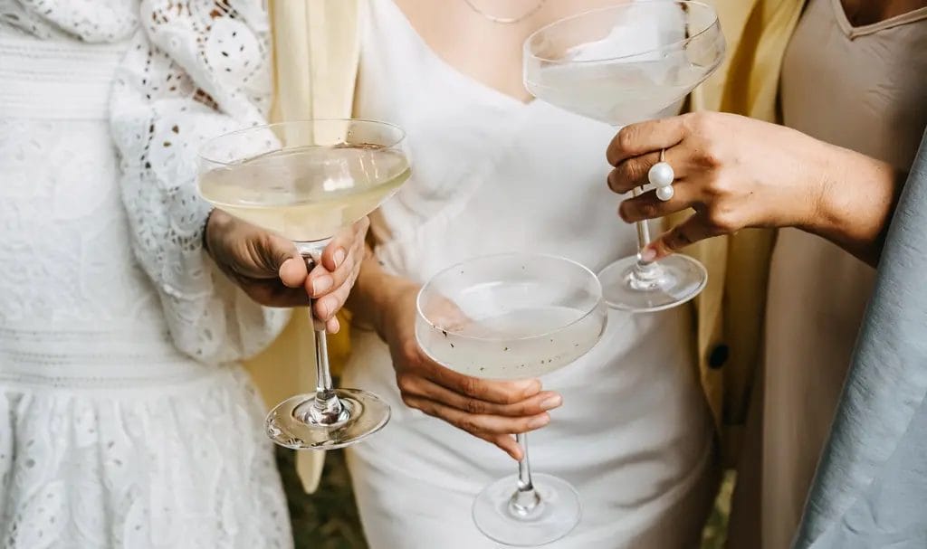 A group of party guests holding drink glasses as they socialize.