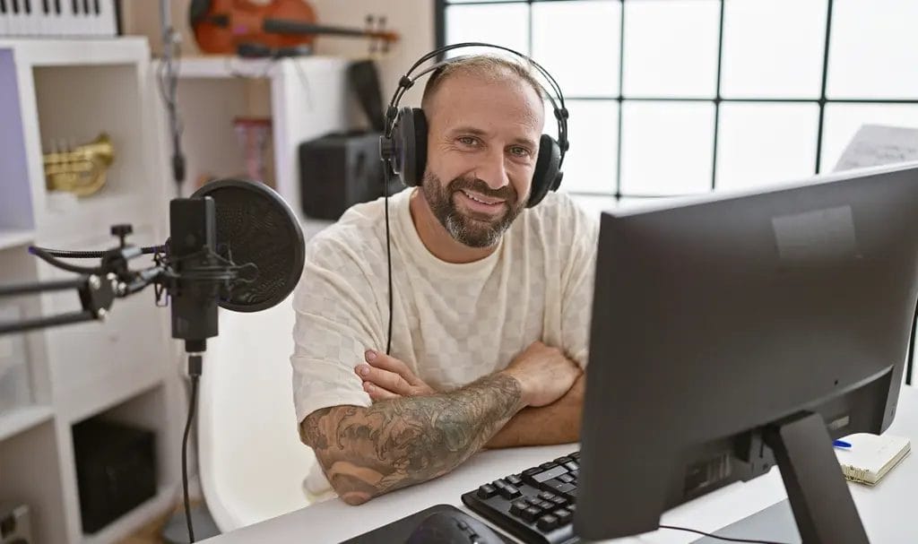 A musician smiles at his desk from behind his computer monitor, where he meets with potential event clients.