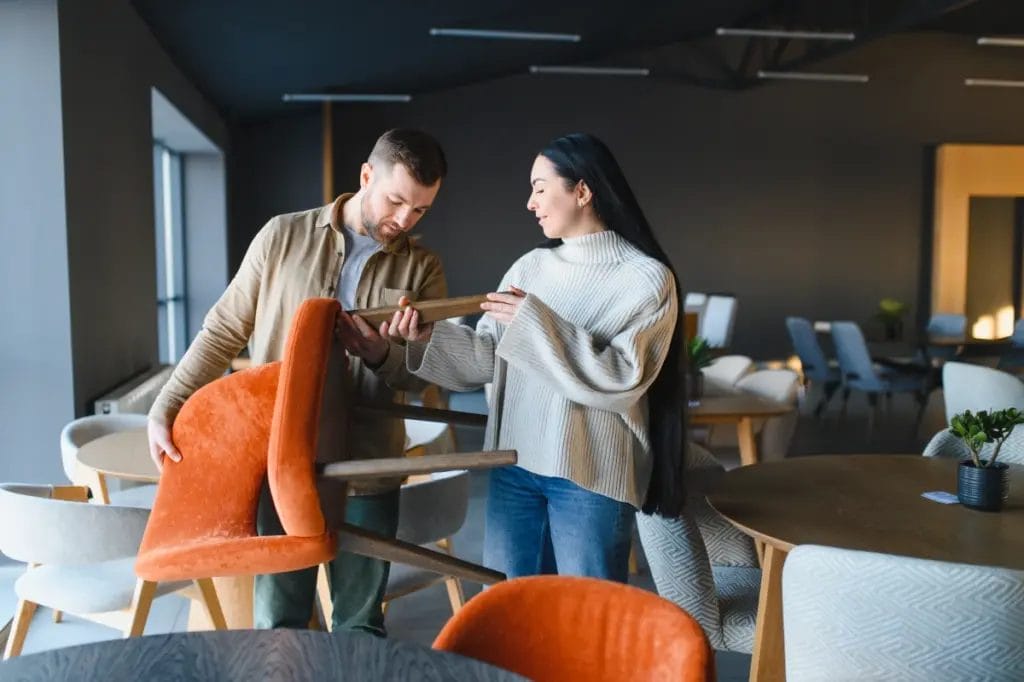 A man and a woman inspect orange upholstered chairs in a showroom.