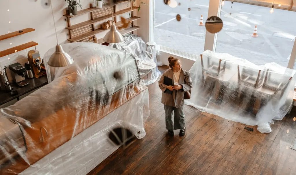 A small businesswoman happily looks around her brand new coffee shop, with the equipment and furniture still covered in plastic sheets.