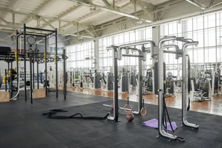 Interior of a large modern gym, with a rig in front and machines in the background.